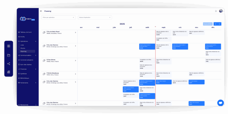 Planning de vos opérations mabrik Immo