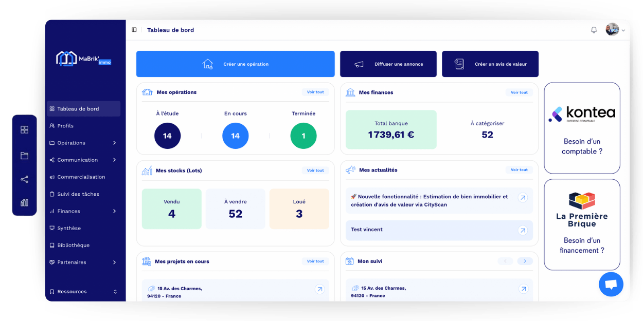 tableau de bord logiciel marchand de biens